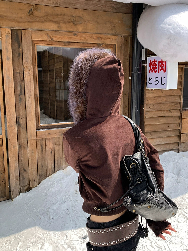 EAHO Retro Fur Collar Padded Short Hooded Sweater