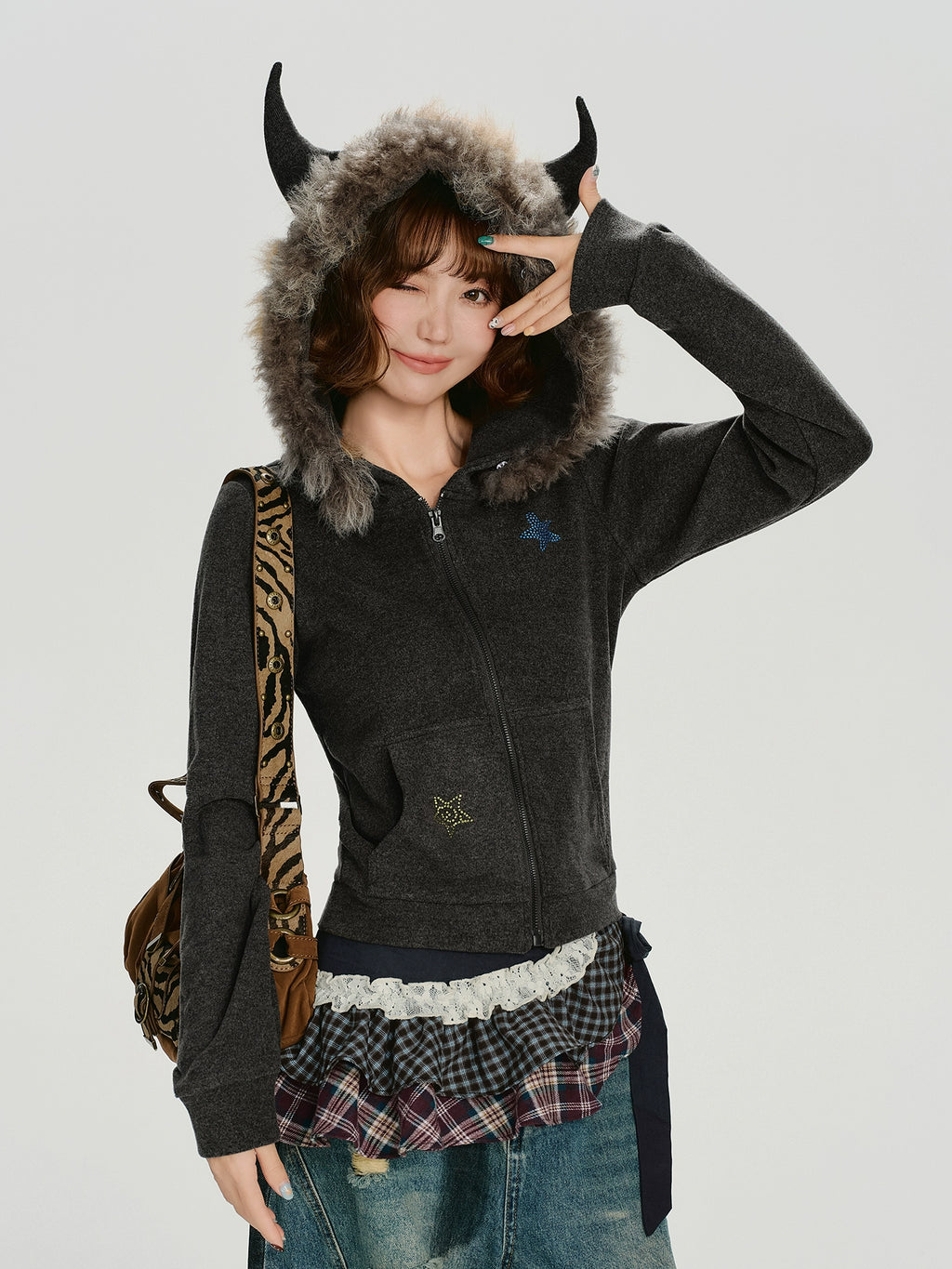 Girlyhalo Vintage Slim Fit Fur Collar Hooded Sweater Jacket