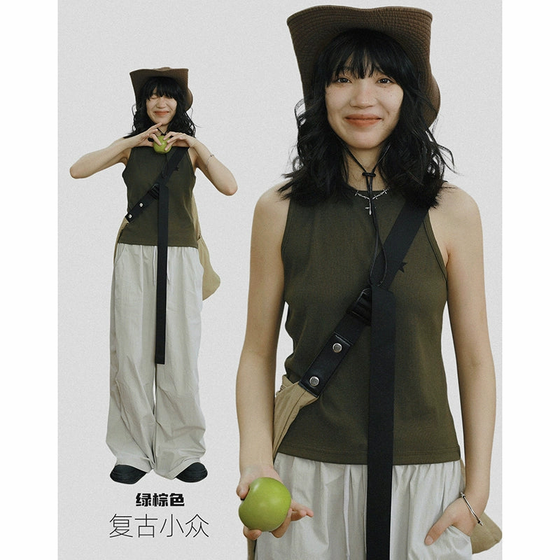 STILLYOU Versatile Asymmetrical Shoulder Strap Embroidered Knitted Vest