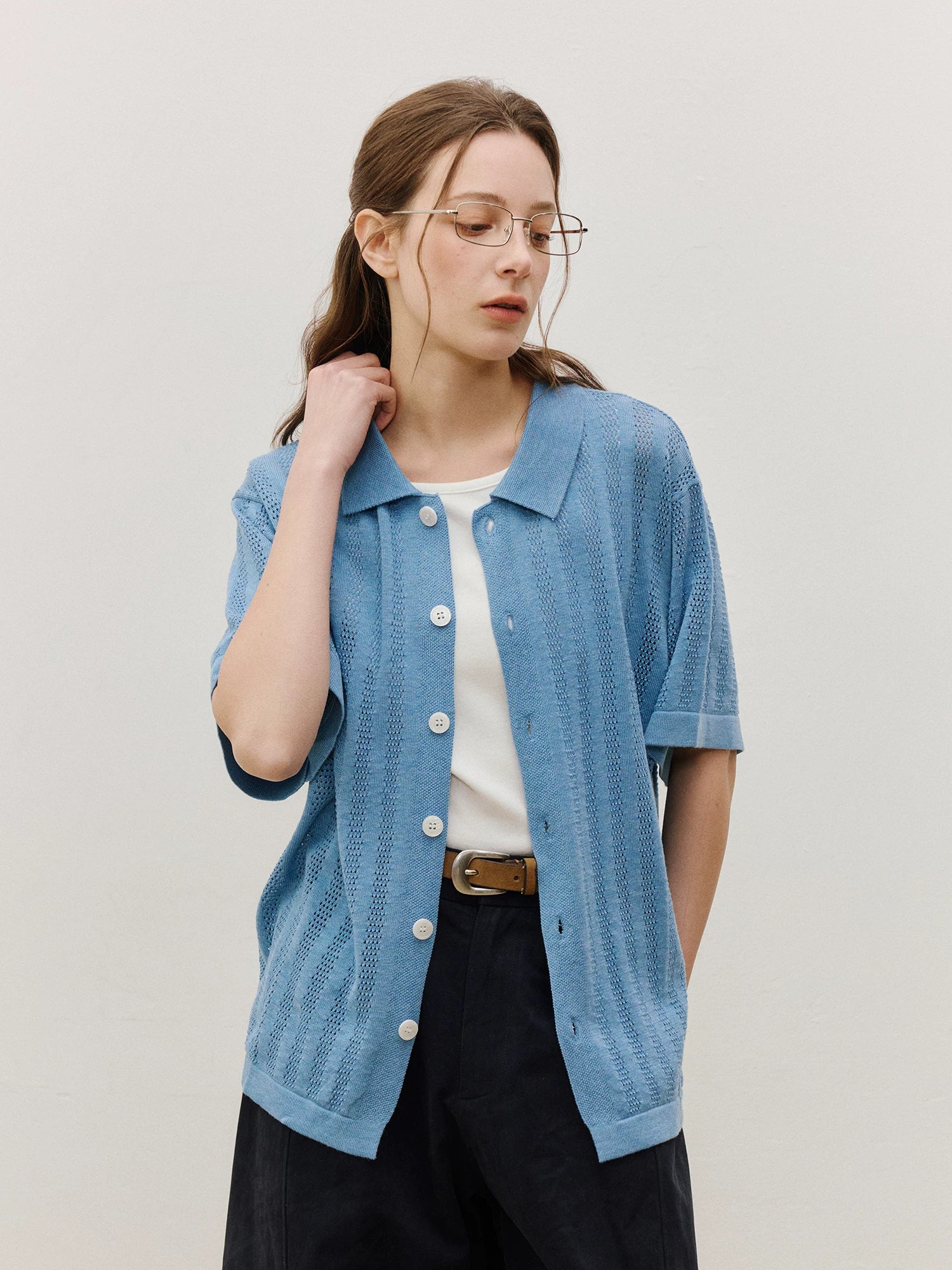 LR MADE Hollow Breathable Short-sleeved Knitted Shirt