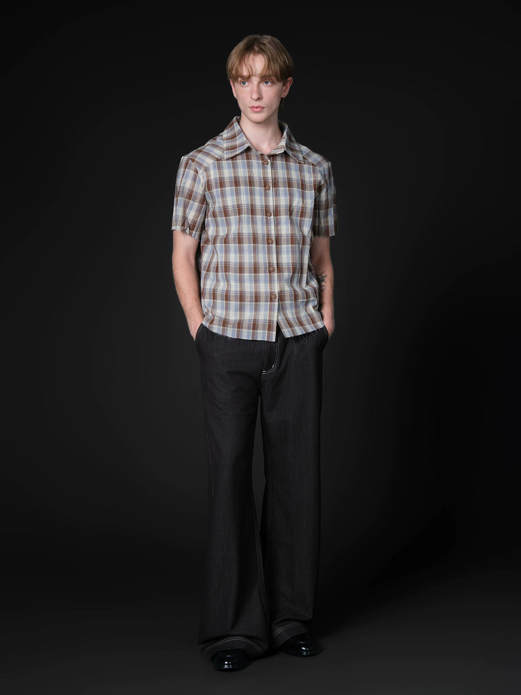 Set for life handmade tassel beard cotton light plaid casual short-sleeved shirt