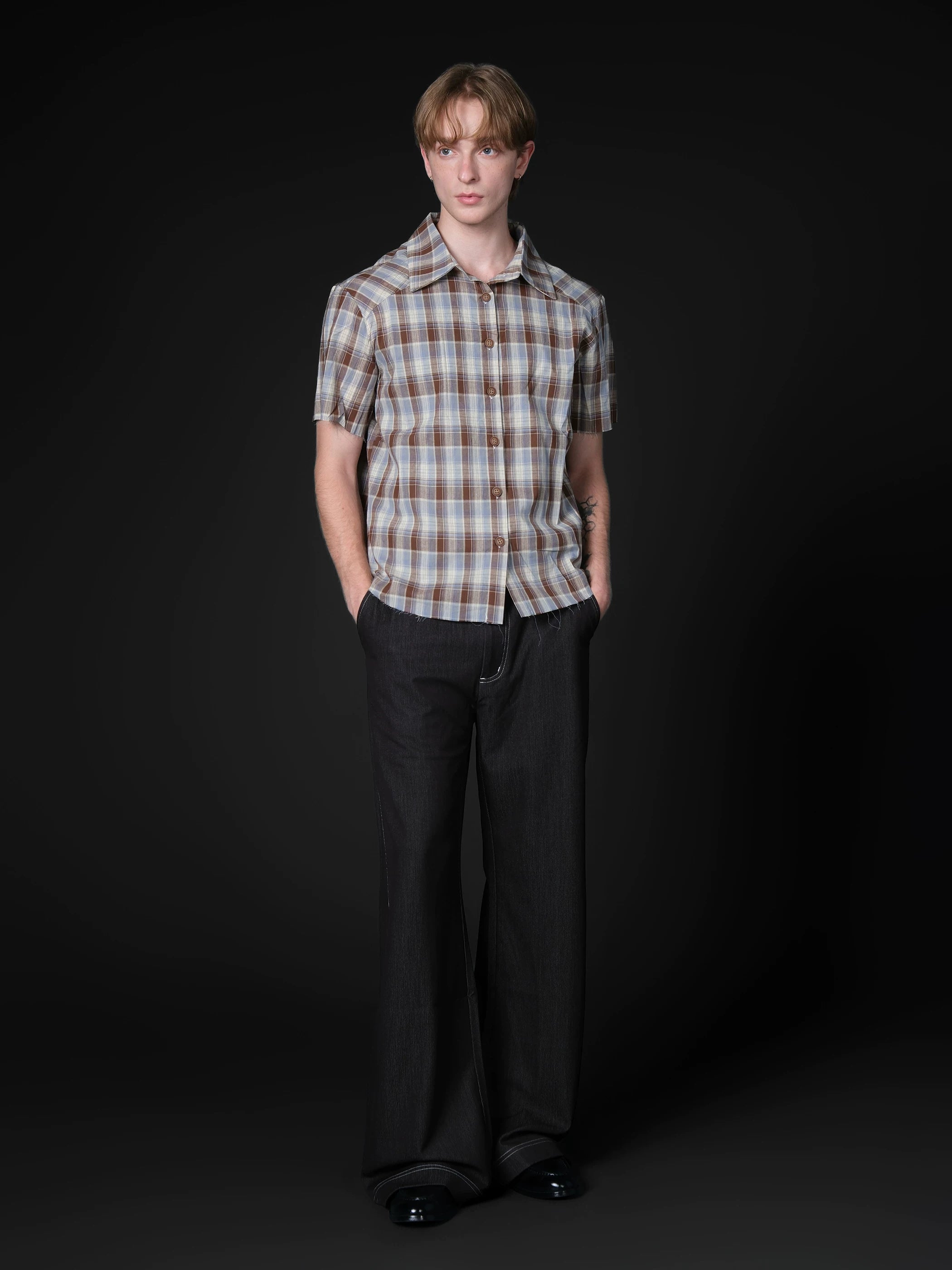 Set for life handmade tassel beard cotton light plaid casual short-sleeved shirt