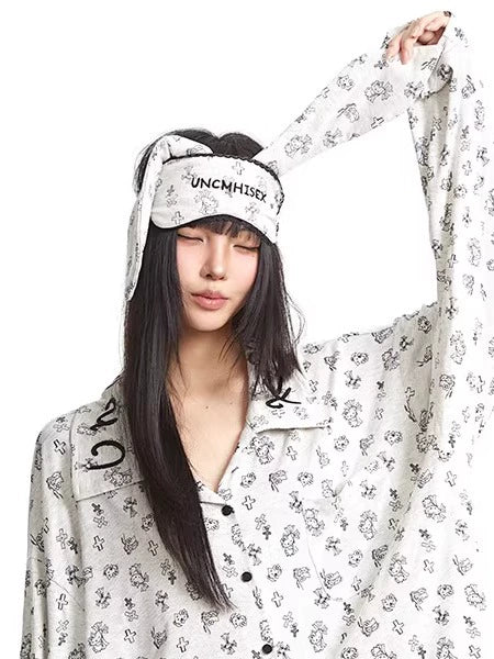 UNCMHISEX Hellokitty Printed Loose Lapel Long-sleeved Pajamas Three-piece Set