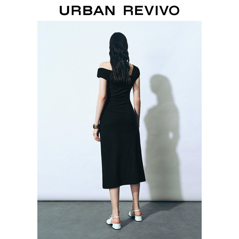 URBAN REVIVO Glamour Off-the-shoulder Pleated Waist Dress