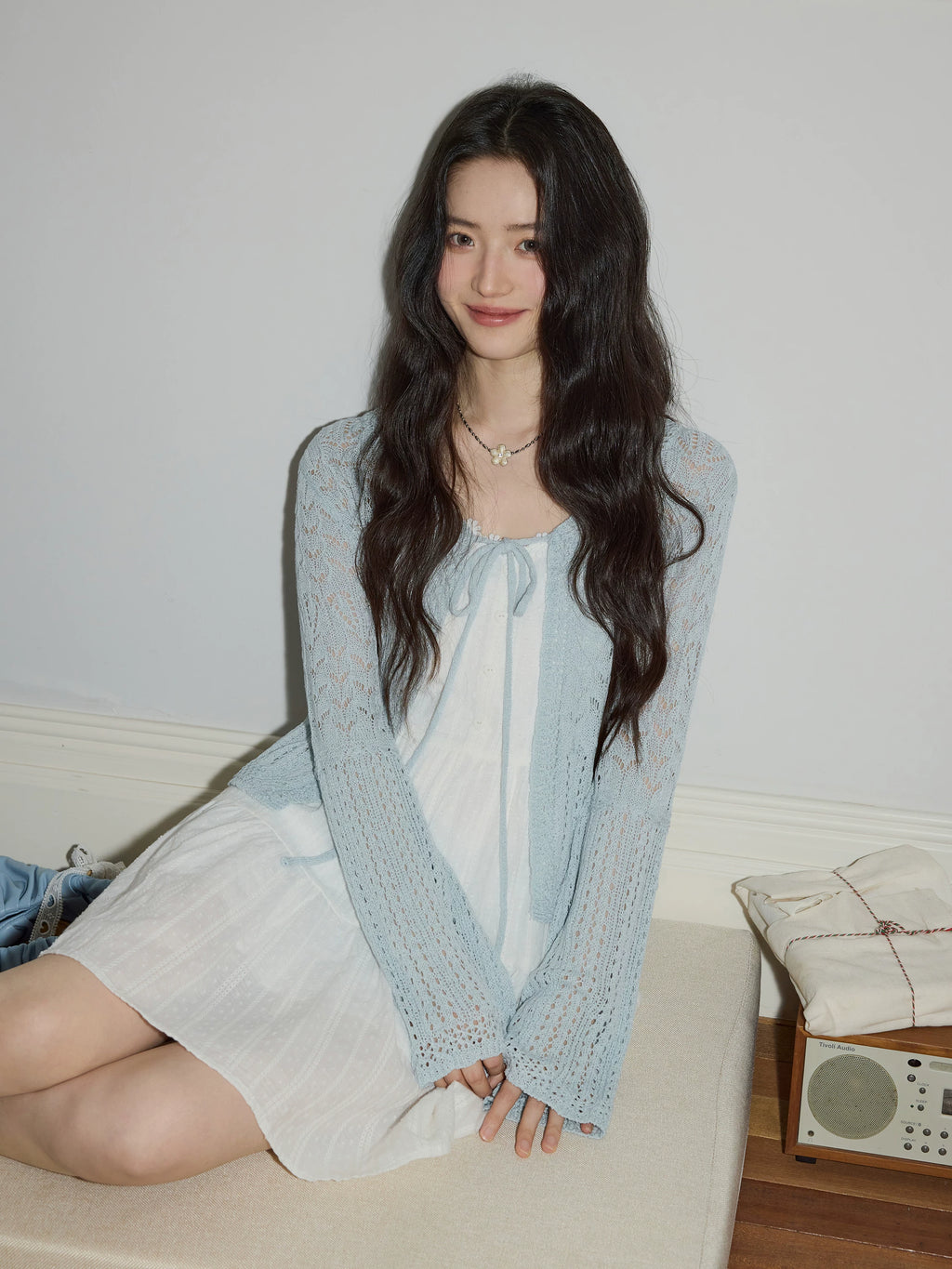 XUJING Lace-up Hollow-out Long-sleeved Knitted Cardigan
