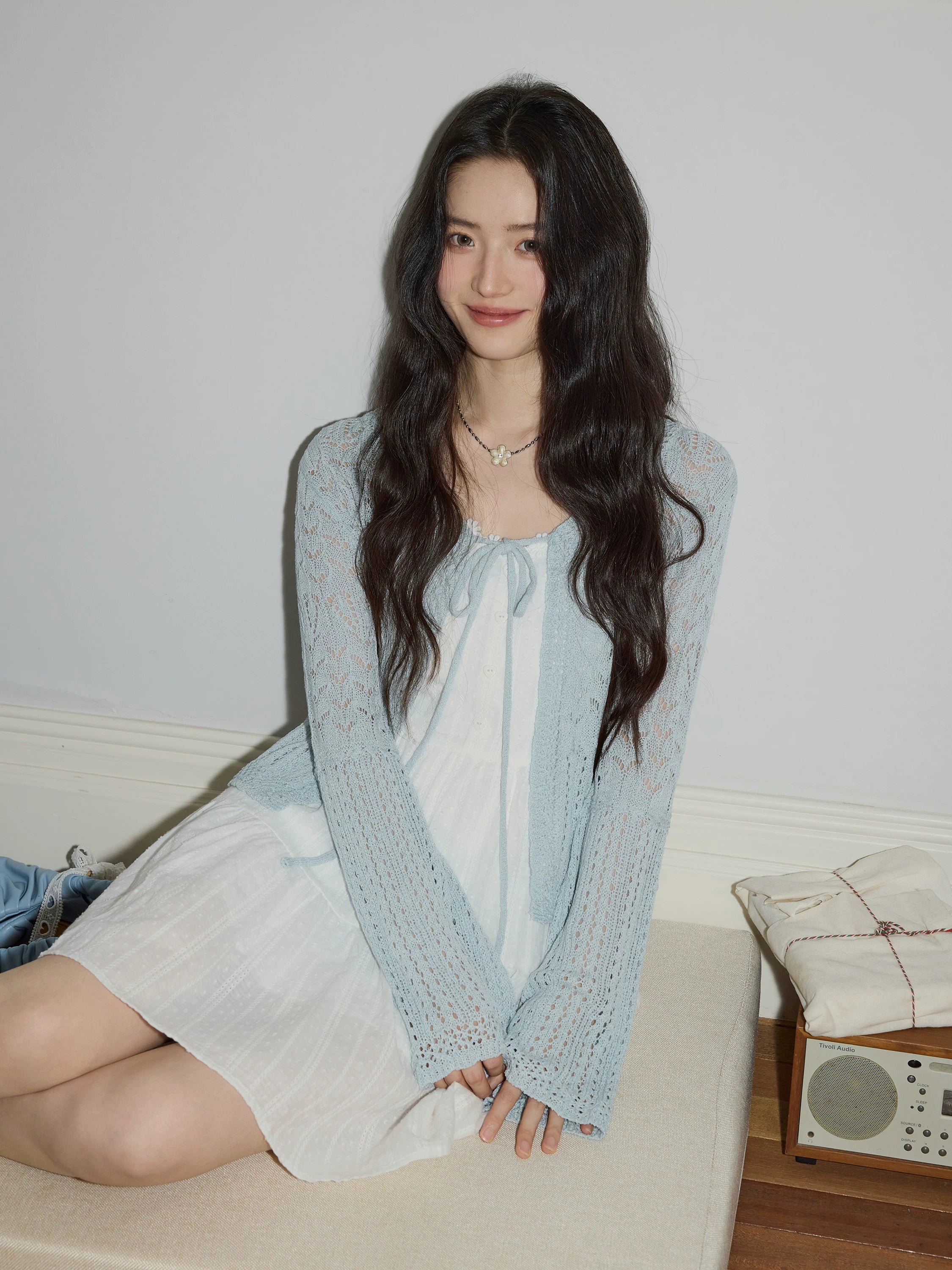 XUJING Lace-up Hollow-out Long-sleeved Knitted Cardigan