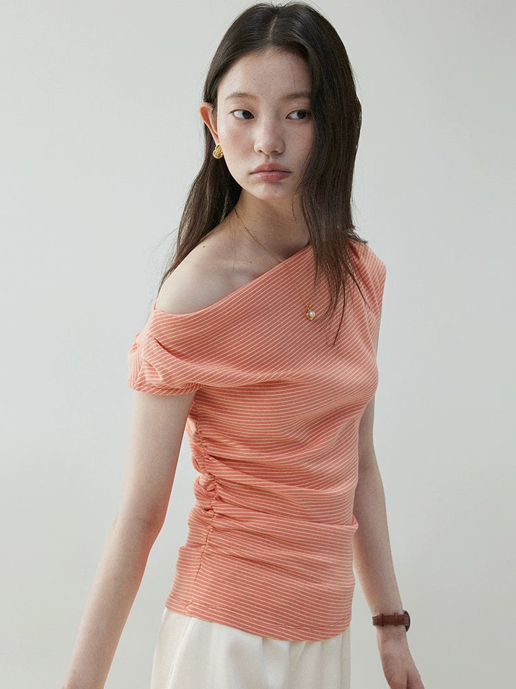 VOOE One-Neck Slash Shoulder Pleated Skinny Striped Tee