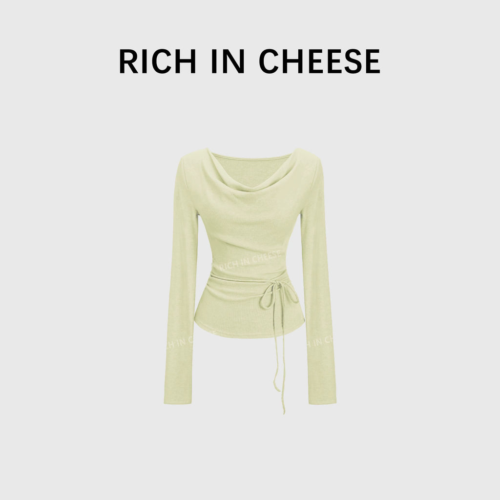 RICH IN CHEESE Waist Fold Temperament Swing Neck Long Sleeve
