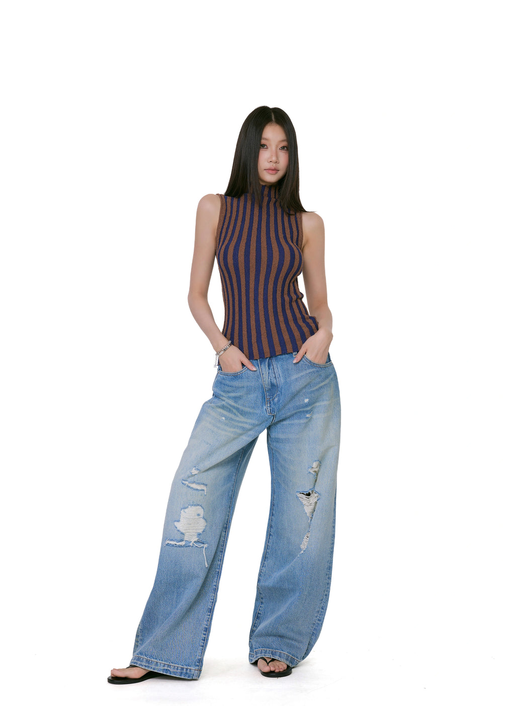 WITHMIN Low-rise Versatile Ripped Straight Wide-leg Pants
