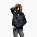Lightinus Black and Grey Striped Fur Collar Hooded Zip Jacket