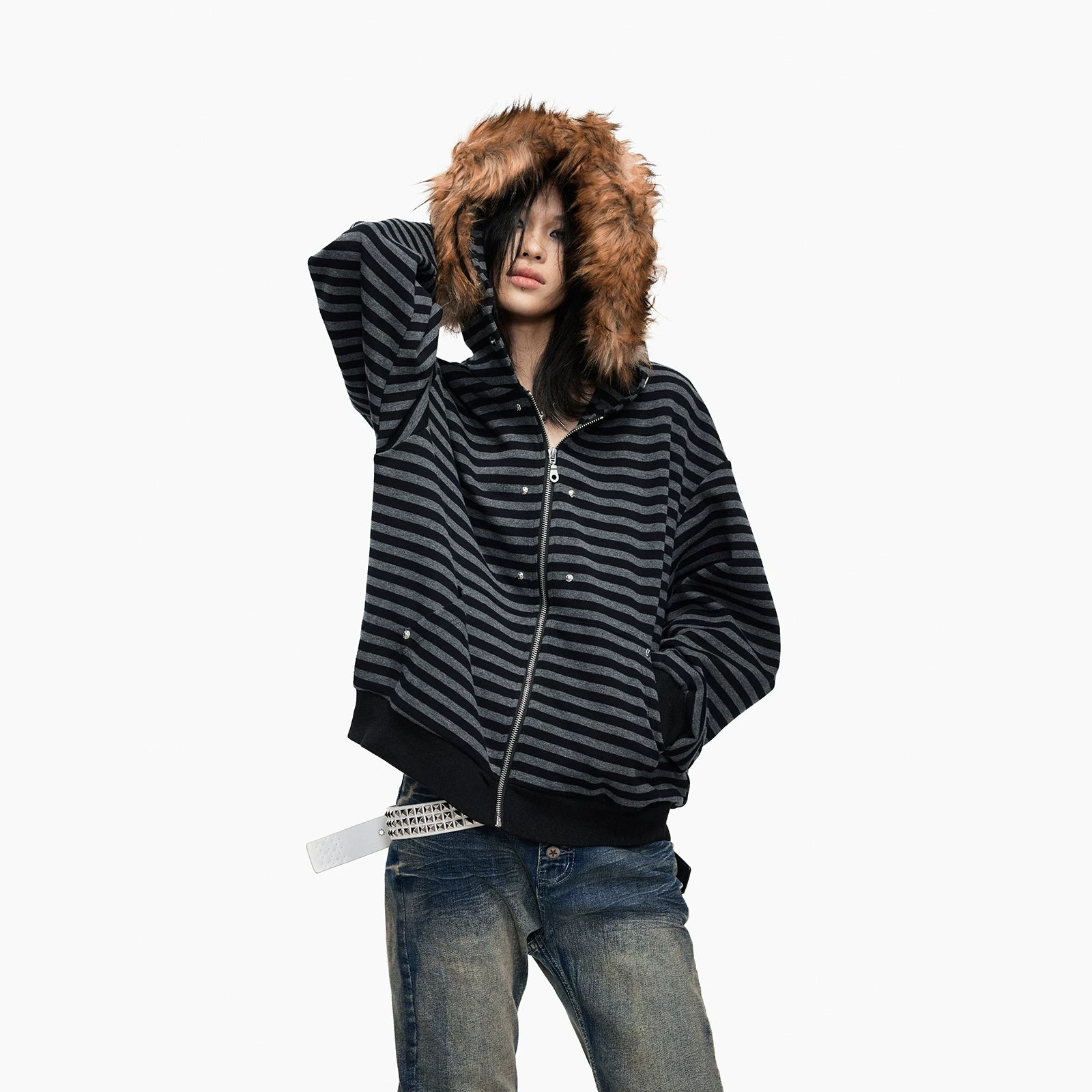 Lightinus Black and Grey Striped Fur Collar Hooded Zip Jacket