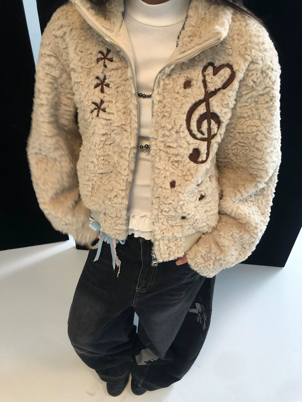 MOMSAYCAN Plush Suede Embroidered Short Jacket