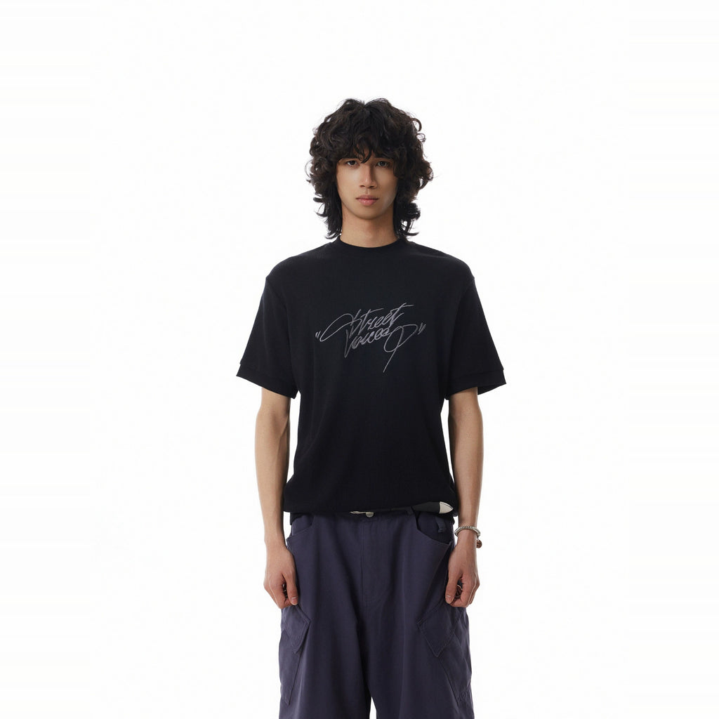 BTSG Embroidery Letter Waffle Threaded Cuff Tee