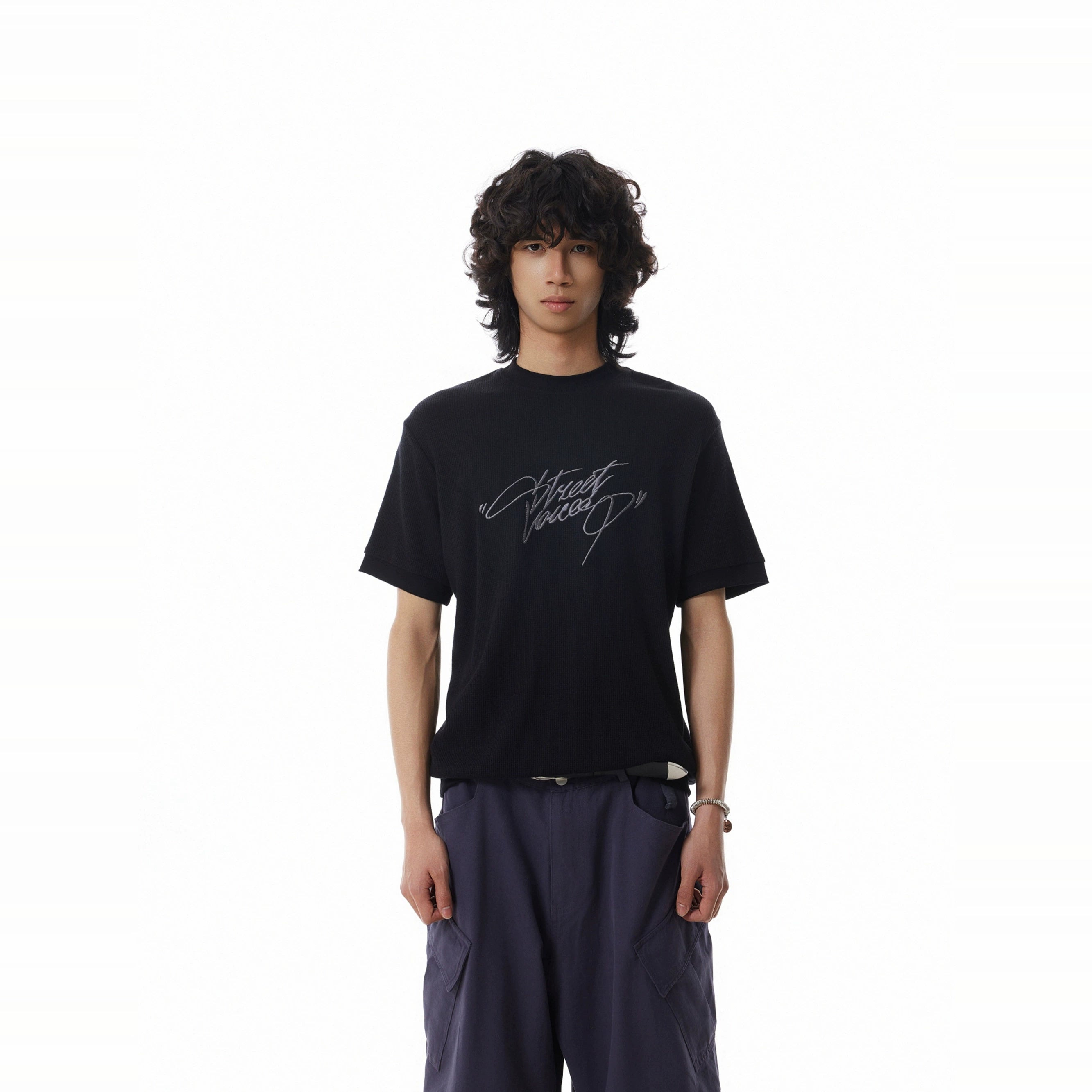 BTSG Embroidery Letter Waffle Threaded Cuff Tee