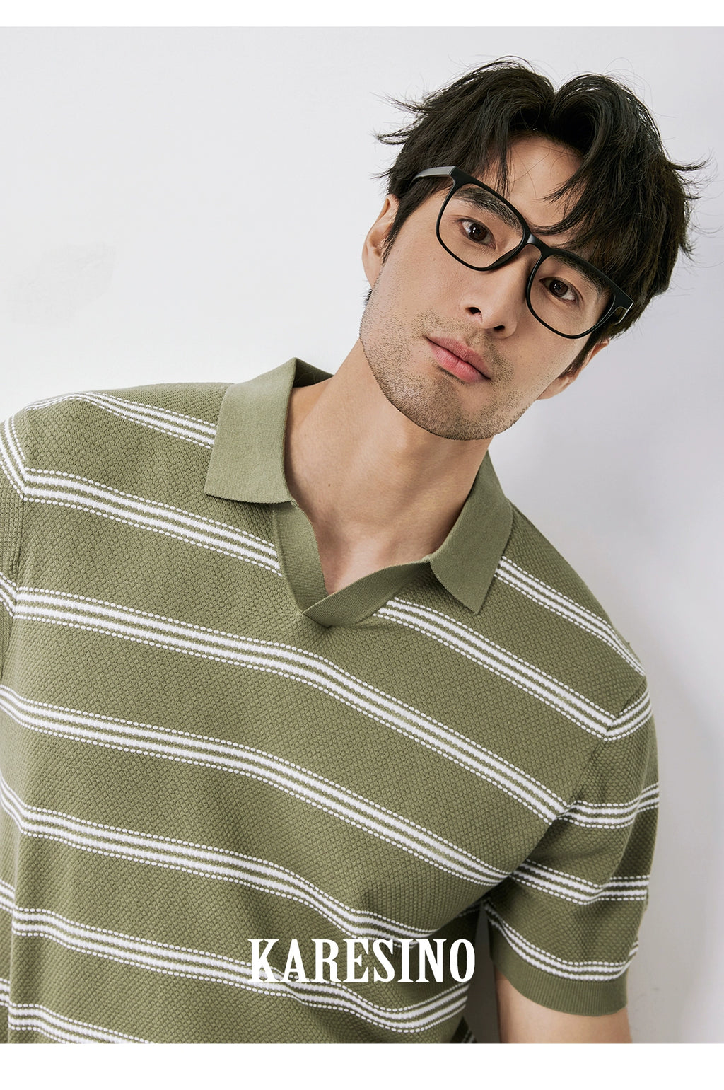KARESINO Ice-silk Lapel-neck Striped Knitted Polo Shirt