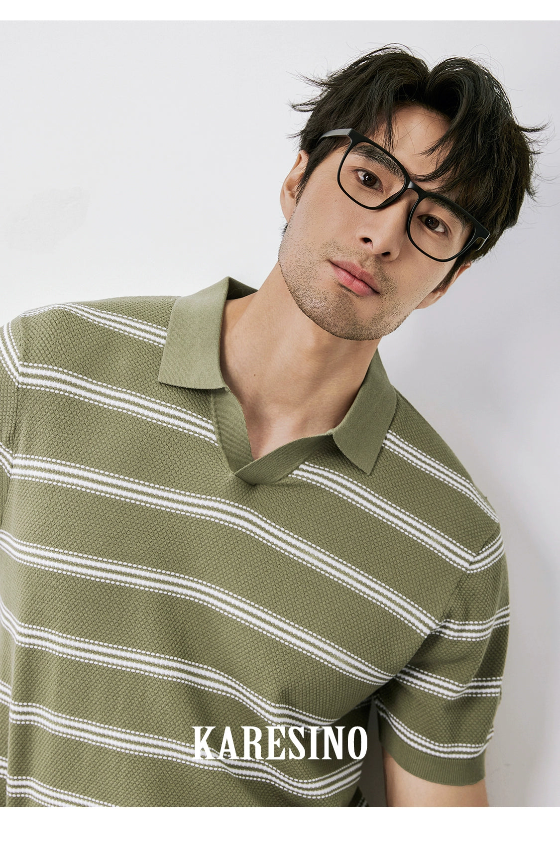 KARESINO Ice-silk Lapel-neck Striped Knitted Polo Shirt