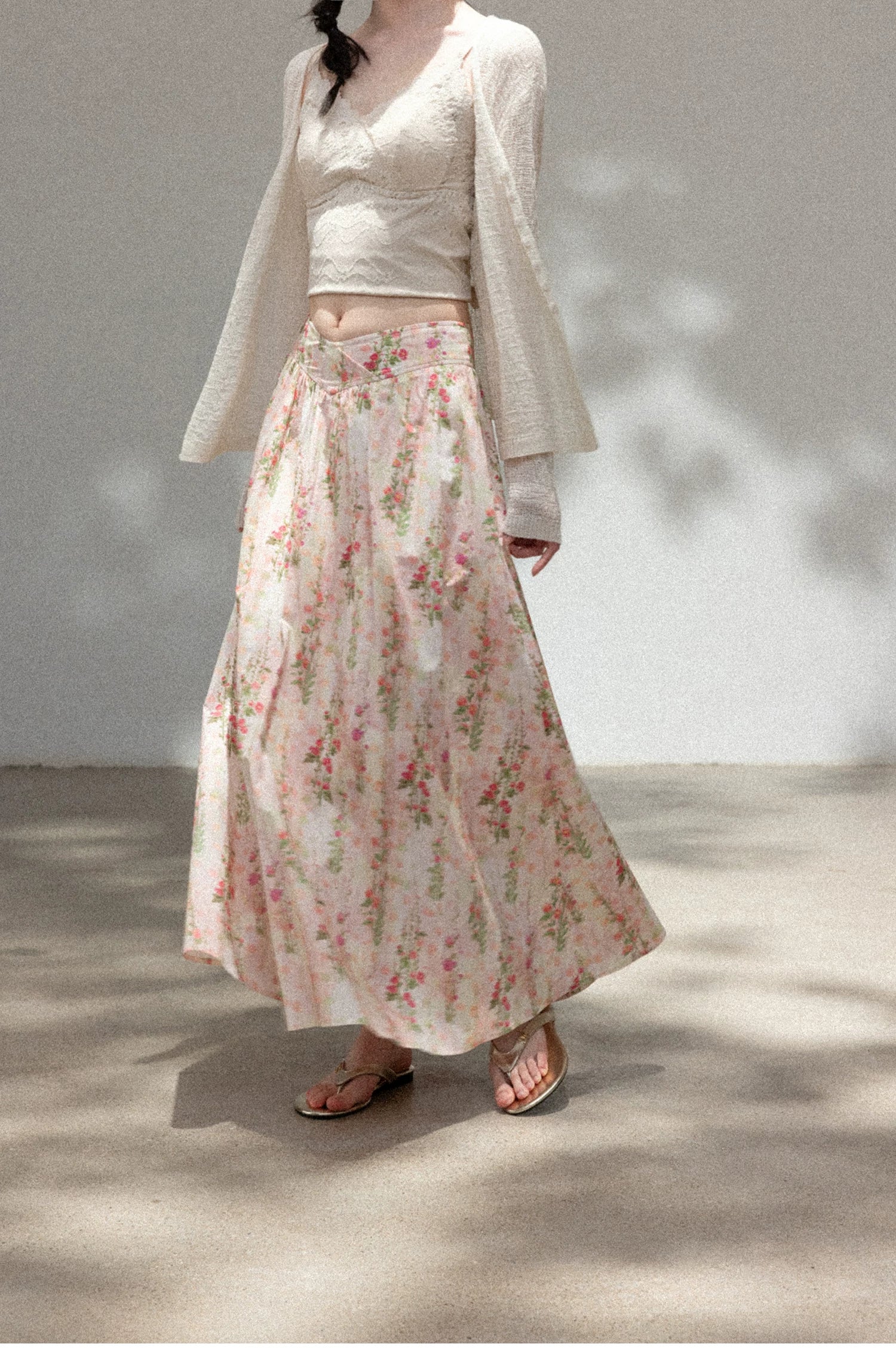 Cantonstory Floral High Waist Slim Skirt Knitted Cardigan Set