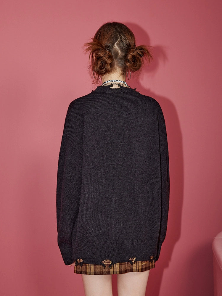 UNIFREE Lazy Style Crew Neck Thickened Ripped Knitted Sweater