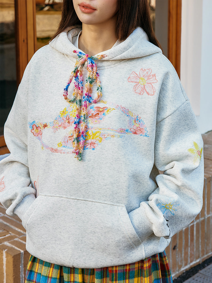 Harshandcruel crayon flower colored plush drawstring sweater