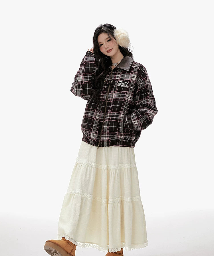 Imone Contrasting Plaid Leather Collar Loose Woolen Short Jacket