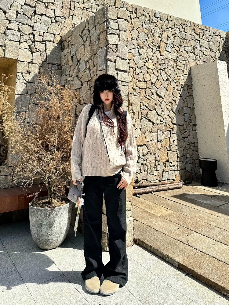 ZOZOFOREST Twist Pattern Thick Needle Half Zipper Sweater