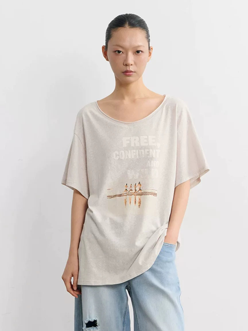 LINY LIBERTY Vintage Curled Round Neck Loose Tee