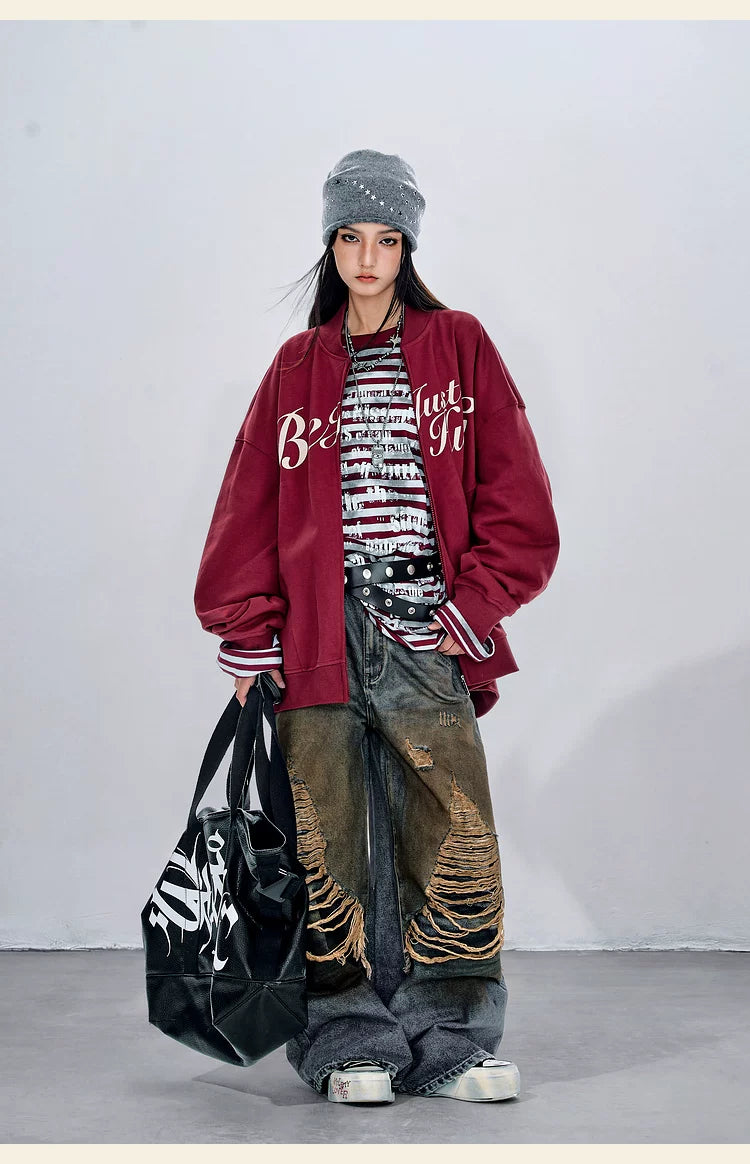 BJHG Design Sense Baseball Knitted Cardigan Jacket