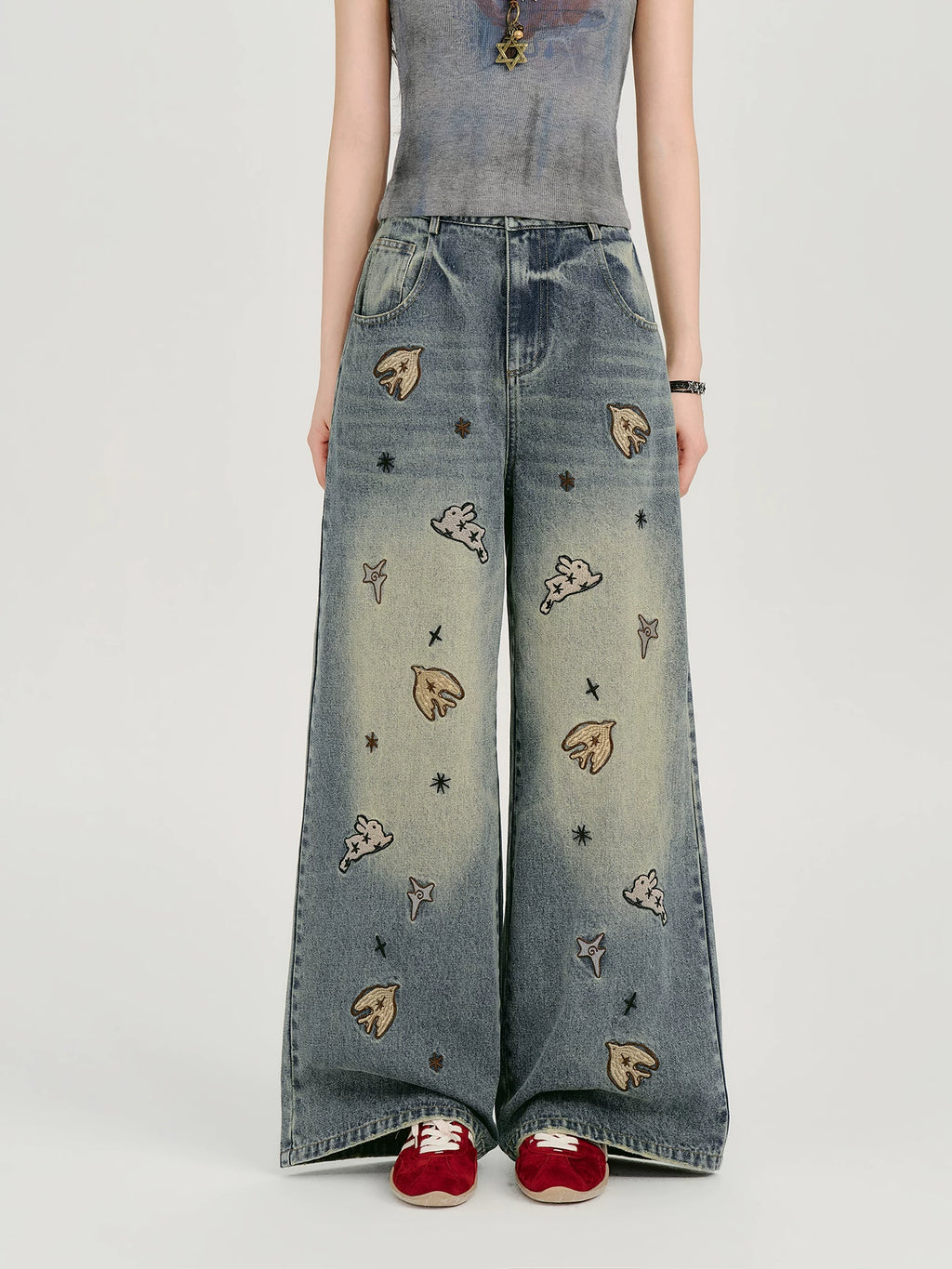 Girlyhalo Wide-leg Embroidered Jeans