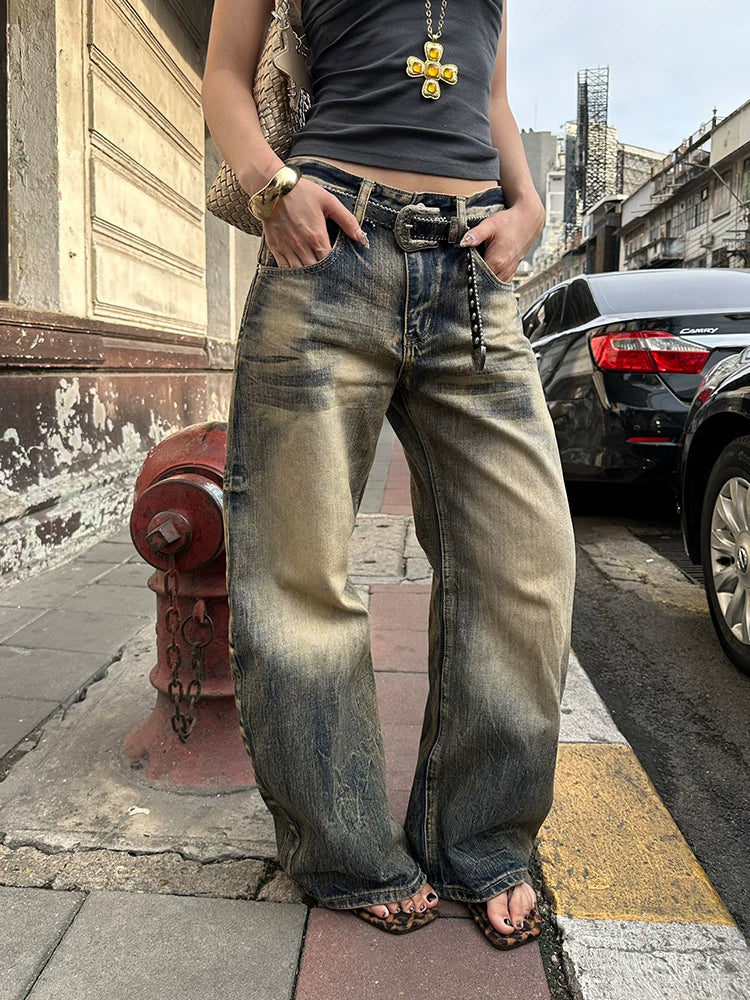 EAHO Retro Old Gradual Change Wide Leg Jeans