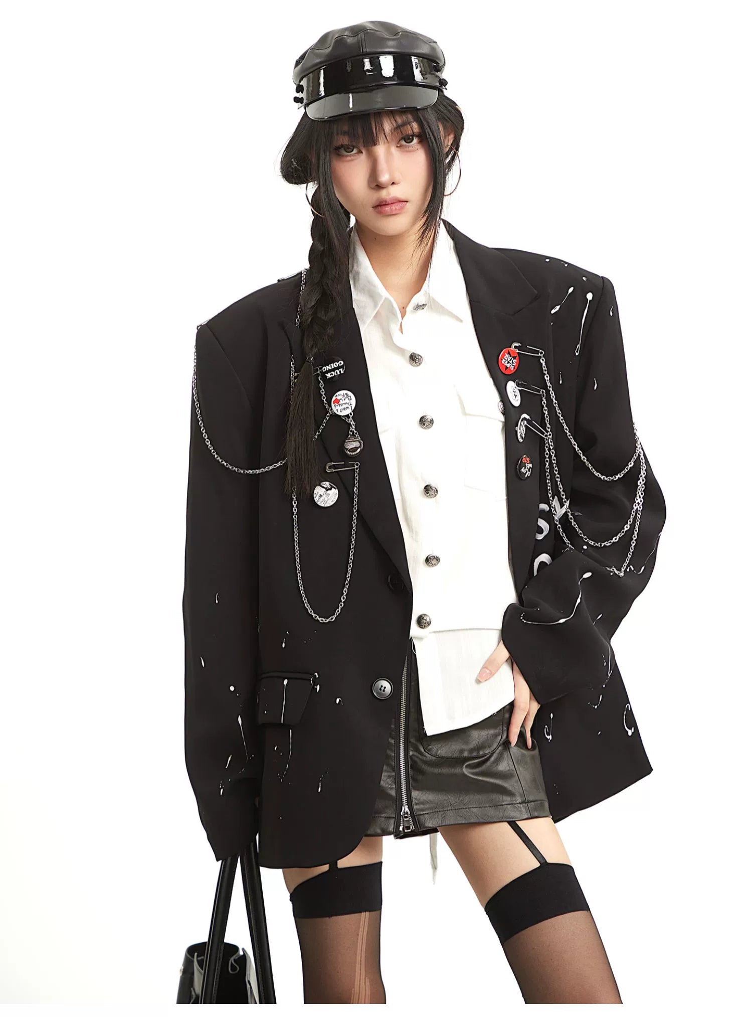 UNCMHISEX Chain Front Shoulder Loose Blazer