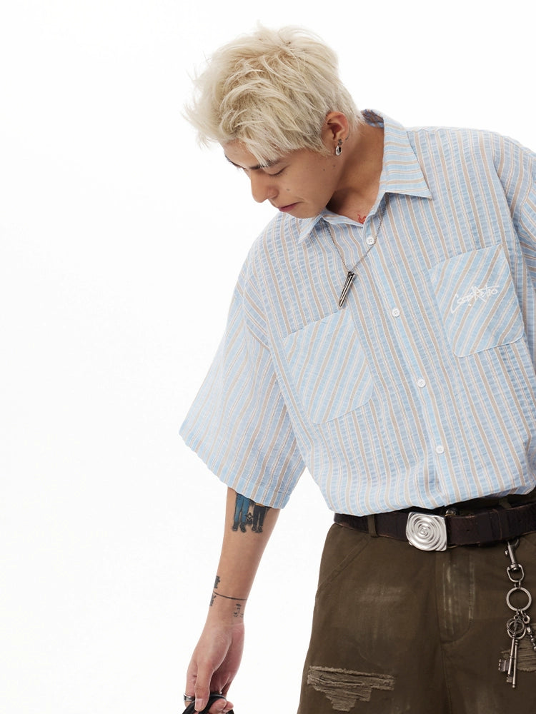 CoosRetro Vintage Contrast Striped Double Pocket Embroidered Shirt