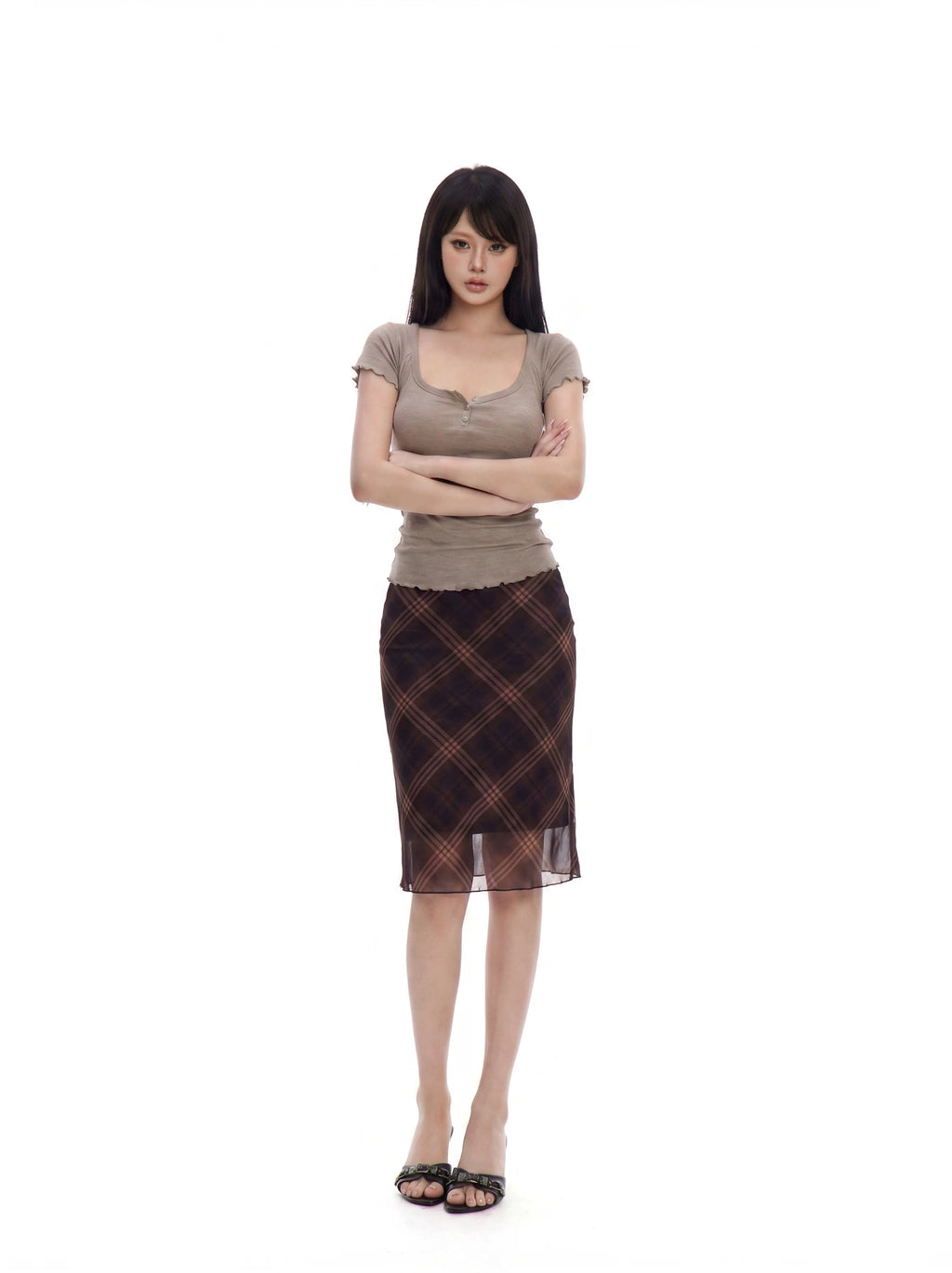 WITHMIN Plaid Mesh Stitching Low-rise Skirt