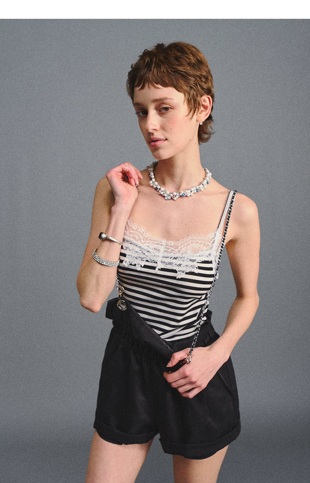AGAM Vintage Striped Skinny Strap Lace Edge Sling