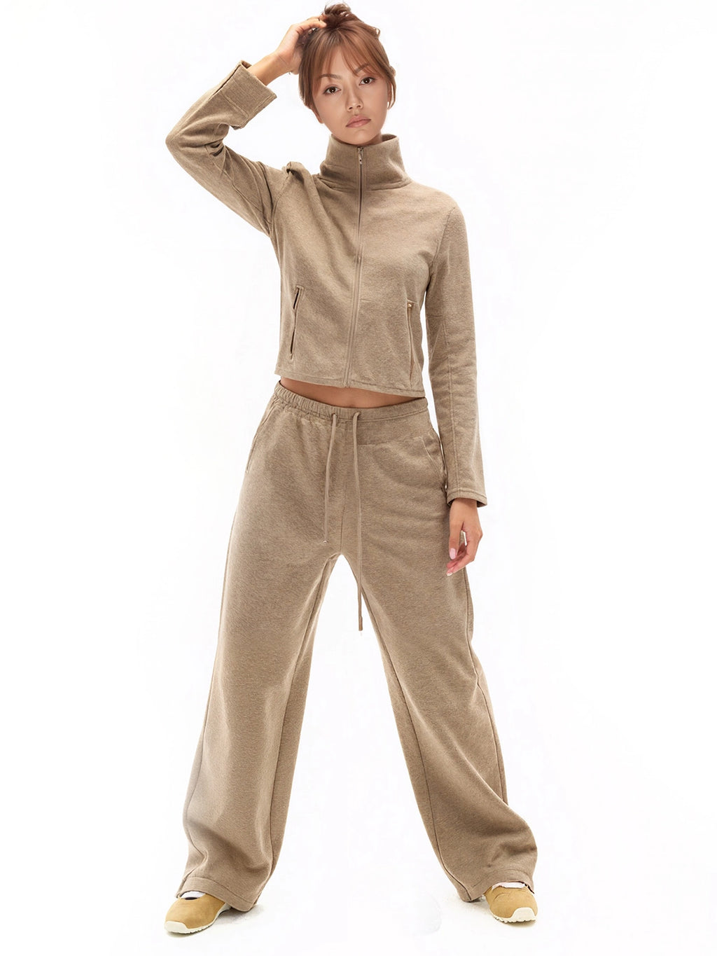 SHE SEEK Vintage Turtleneck Zip Sweater Jacket Casual Banana Cone Sweatpants Set