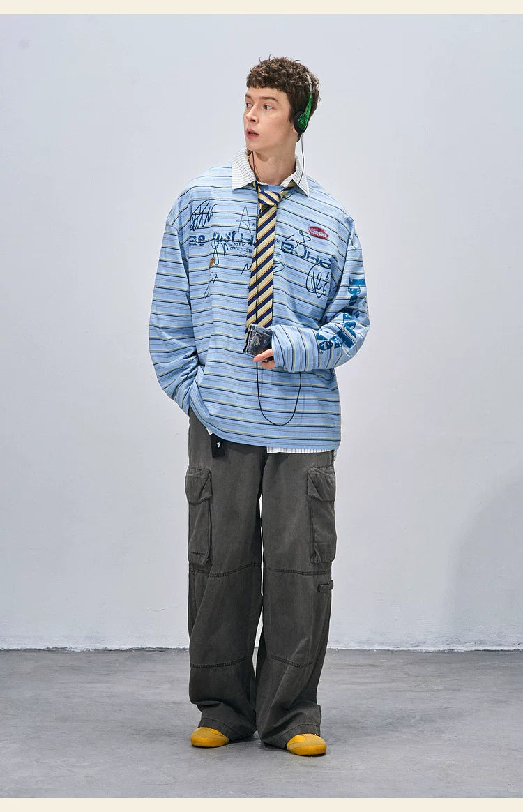 BJHG Striped Graffiti Print Knitted Sweater Couple Sweater