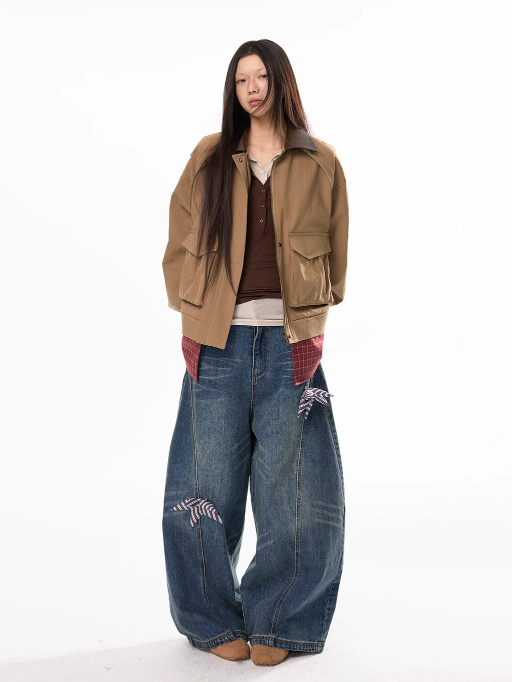 Jikoo Star Patch Straight Wide Leg Tooling Jeans