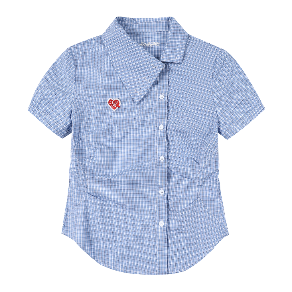 MEDM Plaid Diagonal Shirt with Waist and Thin Short Sleeves