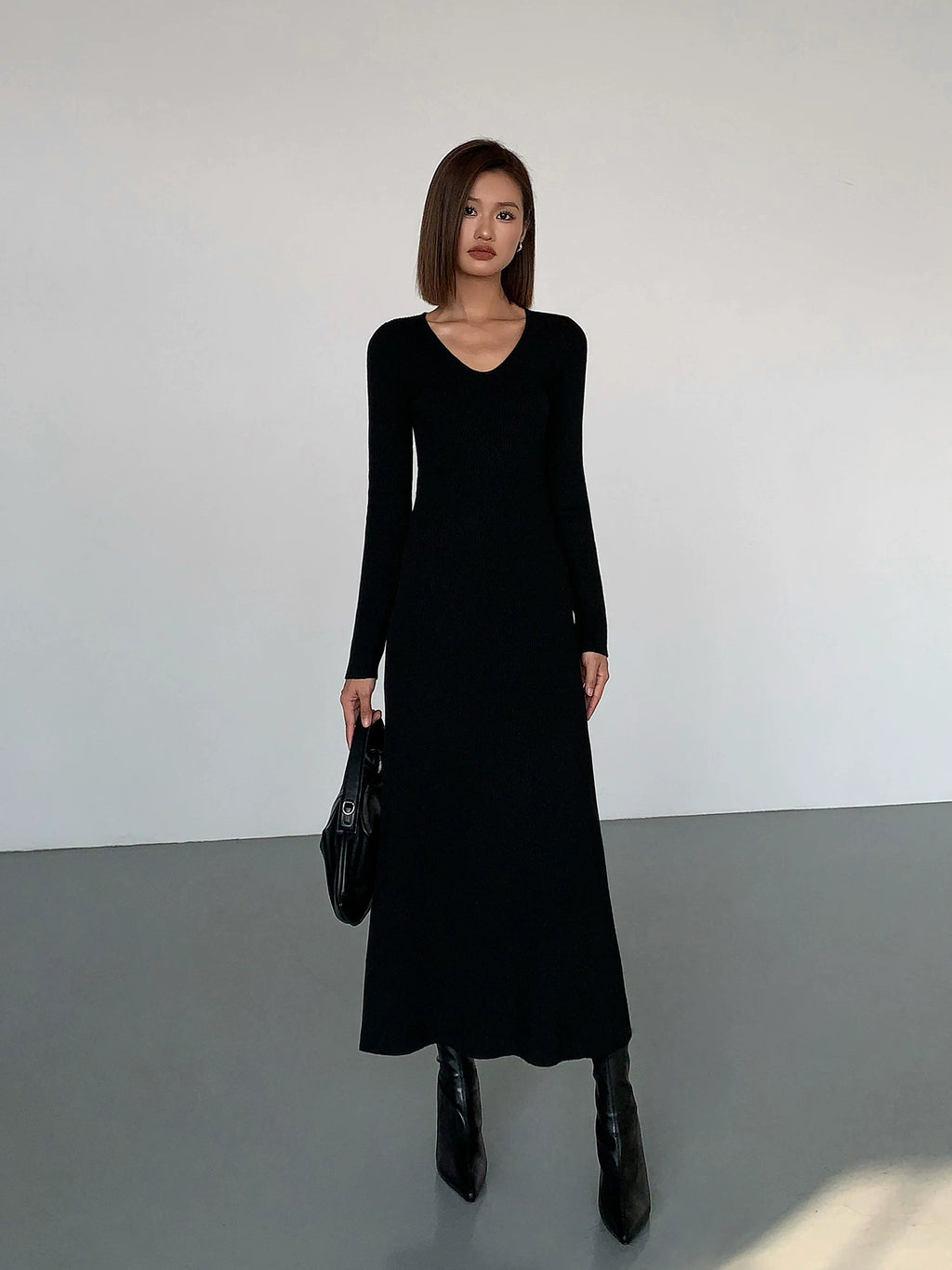 Ousph V Neck Temperament Knitted Waist Slim Dress