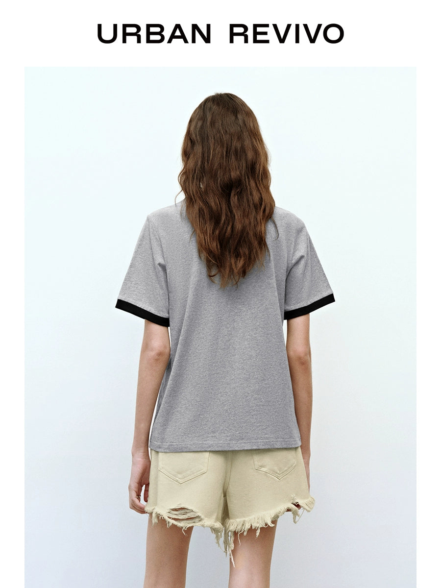 URBAN REVIVO Casual Contrasting Embroidery Cotton Tee