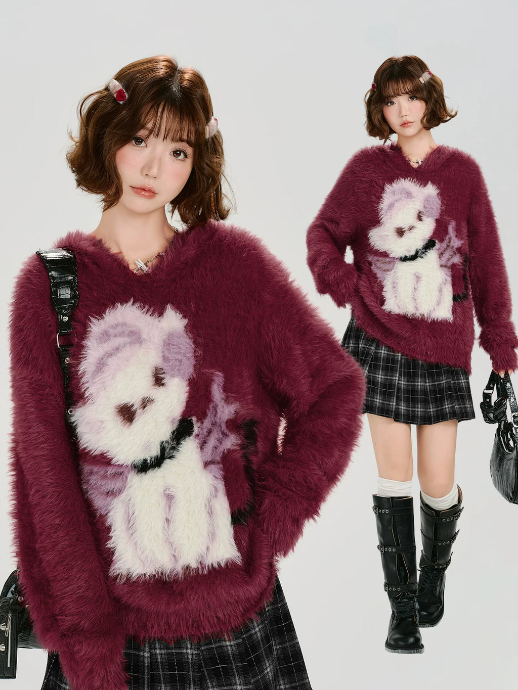 Girlyhalo Vintage Jacquard Loose Hooded Sweater