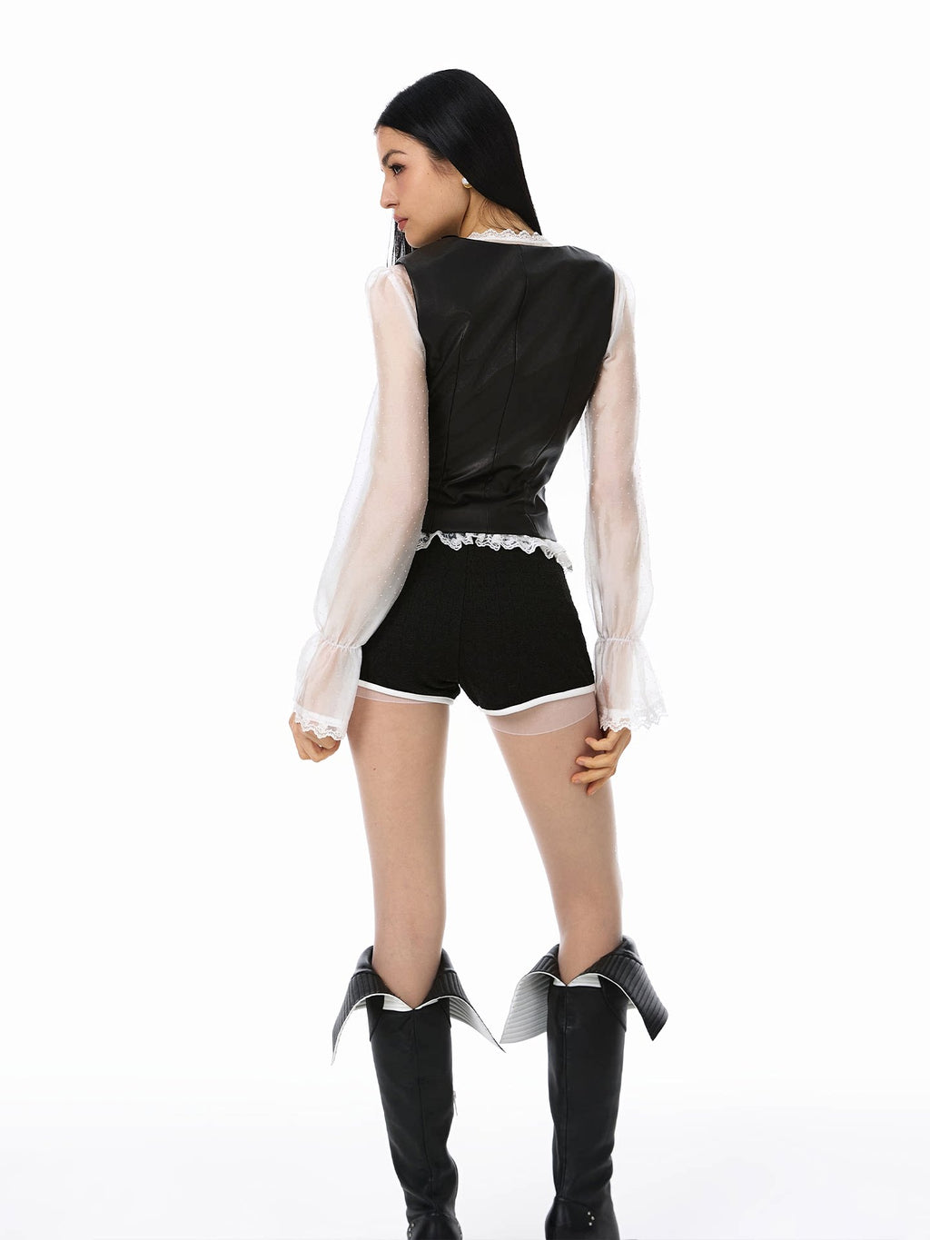 FINDYAWINGS See-through Shirt Vest Leather Shorts Set