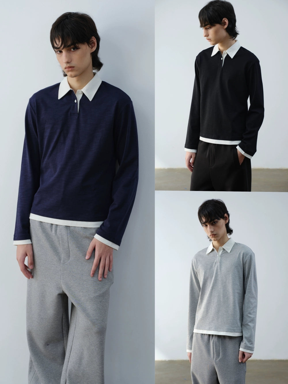 VLABMADE Vintage Fake Two-piece Contrasting Polo Collar Long Sleeve