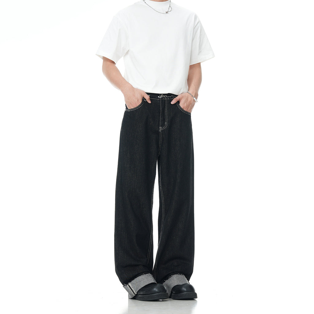 11KN Distressed Stitching Rolled-up Jeans