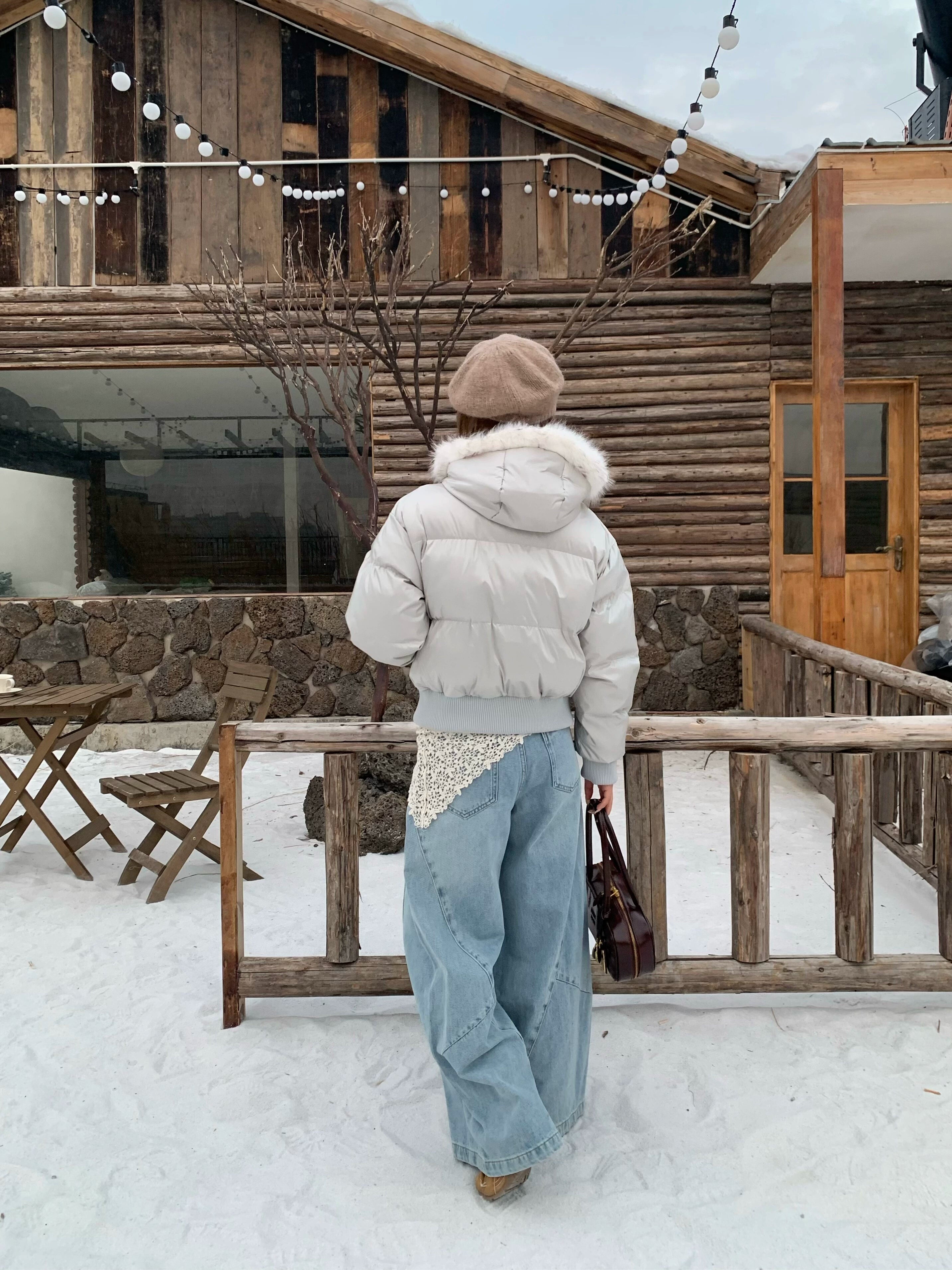 BANGU Vintage Fur Collar Hooded Cotton Jacket