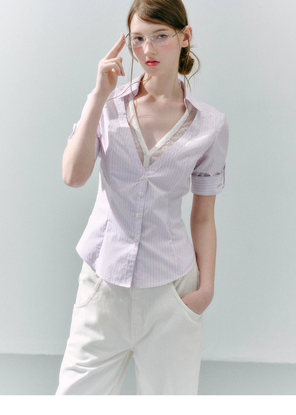 LOST FOREST Low-neck Lace Fake Two-piece Slim-fit Shirt