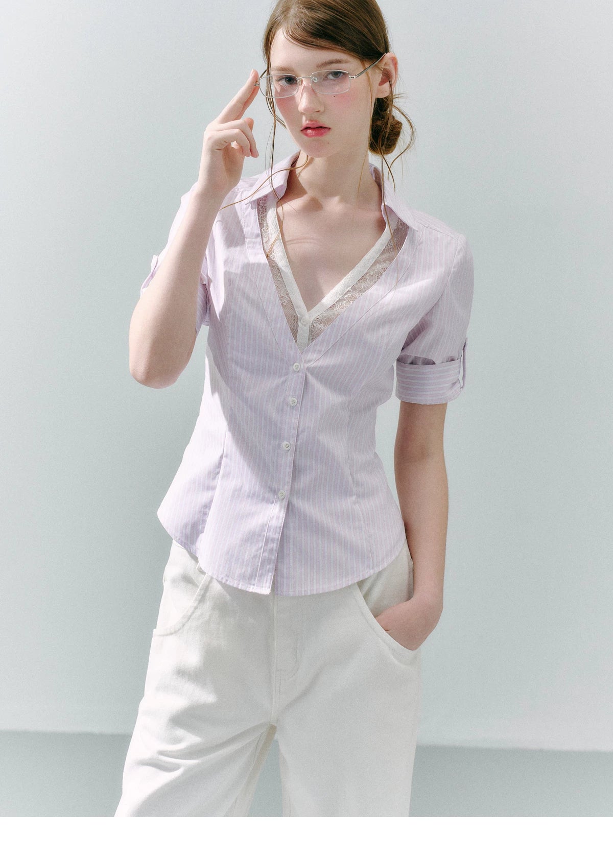 LOST FOREST Low-neck Lace Fake Two-piece Slim-fit Shirt
