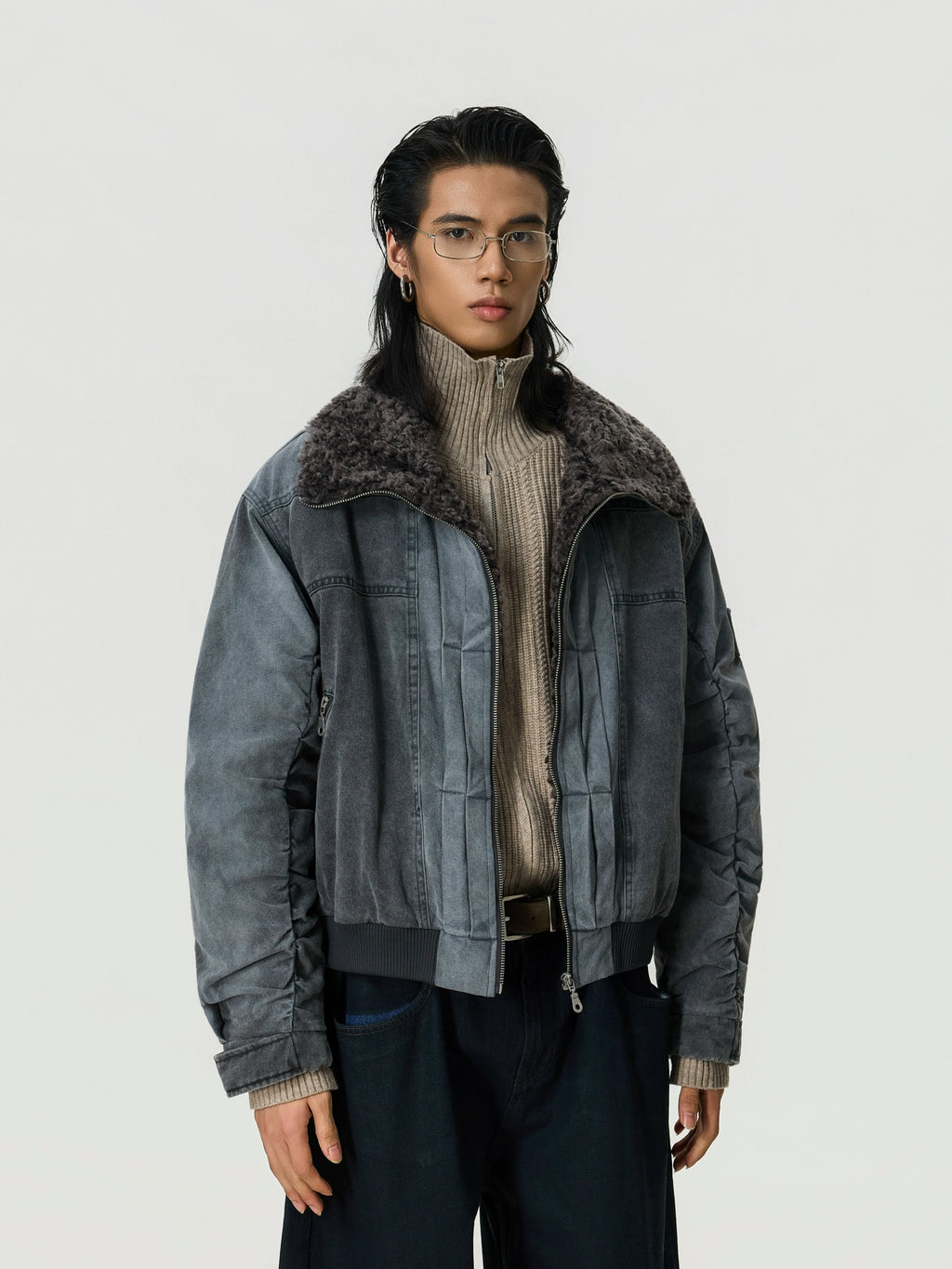 BTSG Lamb Wool Make Old Stand-up Collar Tooling Jacket