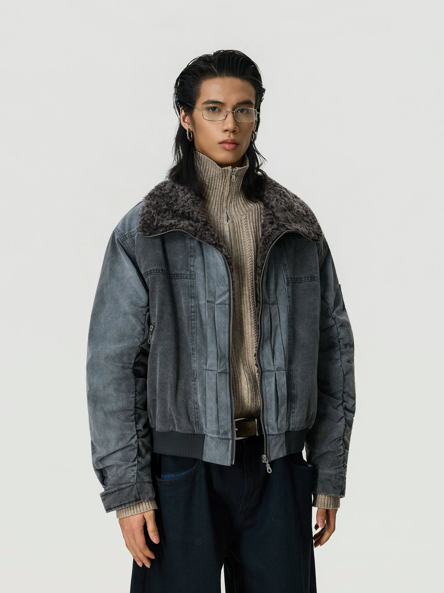 BTSG Lamb Wool Make Old Stand-up Collar Tooling Jacket