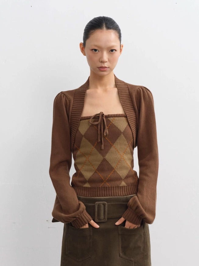 LINY LIBERTY Vintage Diamond Plaid Tube Top Knitted Jacket