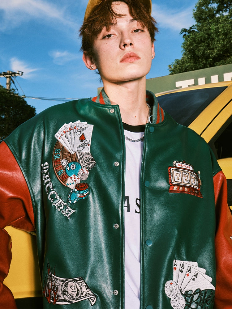 MATCHA STORY PU Leather Heavy Industry Embroidered Baseball Jersey